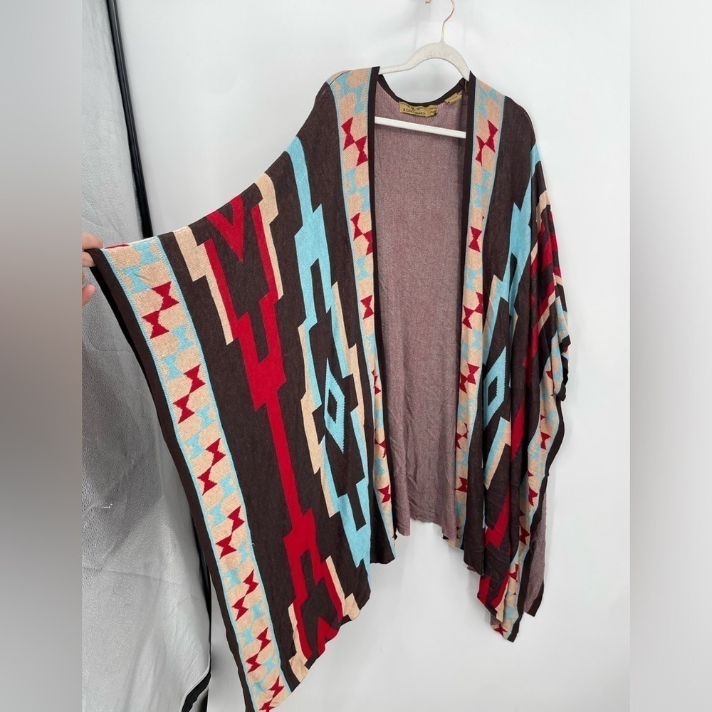 R Cinco Ranch Jacket one‎ size kimono brown red turquoise knit southwest Aztec